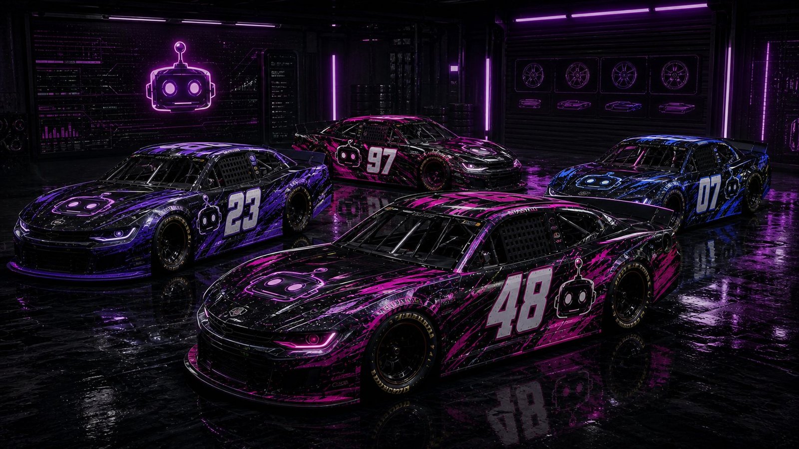 Four custom stock car liveries in purple, magenta and blue lined up in a garage